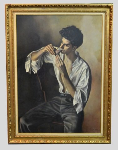 Francis De Erdely (American/Hungarian, 1904-1959)*: Ocarina Player. Oil on canvas. Signed (l.r.), titled (verso). Canvas size 48 x 34 inches. Framed.