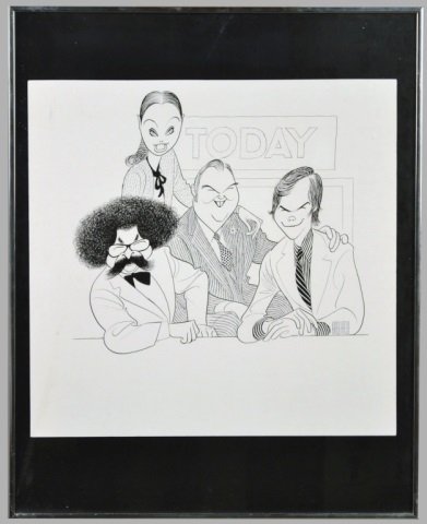 Al Hirschfeld (American, 1903-2003): The Today Show. Silkscreen. Signed in print (l.r.). Sheet size 21 x 21 1/2 inches. Framed. Provenance: Gift from the artist to Tom Brokaw. Gift from Tom Brokaw to current owner.