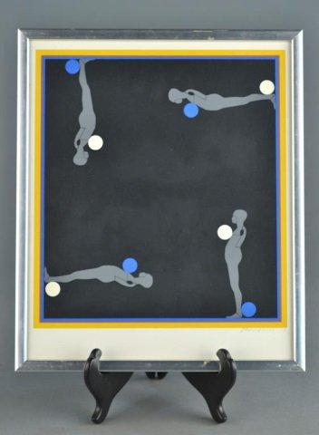 Ernest Tino Trova (American, 1927-2009): From the Falling Man series. Silkscreen on paper, 1968. Signed, dated, and numbered 63/150 (l.r.). Image size 12 1/2 x 11 1/2 inches. Framed.