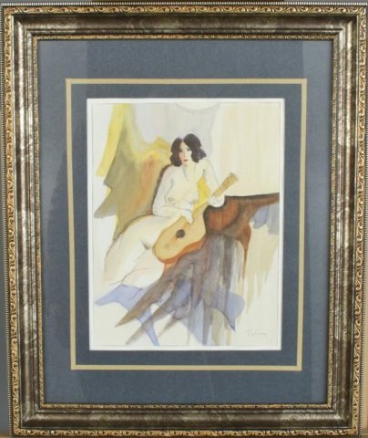 Itzchak Tarkay (Israeli, 1935-2012): Nude playing Guitar. Watercolor on paper. Signed (l.r.). Sight size 12 3/4 x 9 1/2 inches. Matted and framed.