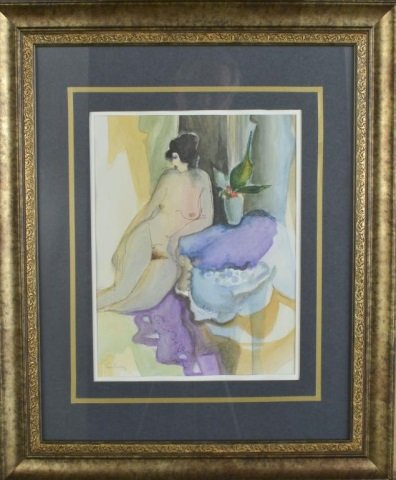 Itzchak Tarkay (Israeli, 1935-2012): Lounging Nude. Watercolor on paper. Signed (l.l.). Sight size 13 x 10 1/4 inches. Matted and framed.