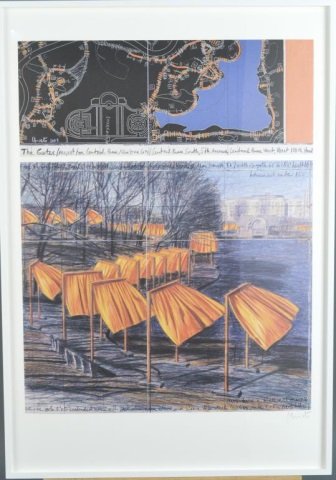 Christo and Jeanne-Claude (American, b. 1935): The Gates VIII; The Gates (Project for Central Park, New York City). Offset print on paper. Signed by Christo in pencil (l.r.). Sight size 38 1/2 x 26 5/8 inches. Framed. Provenance: From a Prominent 