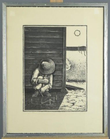 William Kurelek (Canadian/Ukrainian, 1927-1977): The Hound of Heaven. Lithograph on paper, 1965. Signed (l.r.), titled and numbered 77/100 (l.l.). Sheet size 26 x 20 inches. Framed. Published in a series with 19 other artists to commemorate the Cana