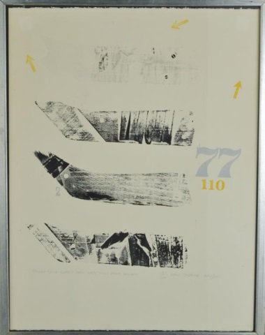 Greg Curnoe (Canadian, 1936-1992): Hockey Stick Blades from West Lions Park, London. Relief print using taped hockey stick blades and rubber stamp on paper, 1965. Signed, dated, and numbered 77/100 (l.r.), titled (l.l.). Sheet size 26 