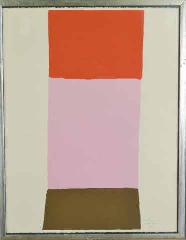 Jack Bush (Canadian, 1909-1977): Untitled. Three color silkscreen on paper, 1965. Signed, dated, and numbered 77/100 (l.r.). Sheet size 26 x 20 inches. Mounted and framed. Published in a series with 19 other artists to commemorate th