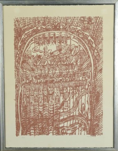 John Meredith (Canadian, 1933-2000): Untitled. Brown serigraph on paper, 1965. Signed and dated (l.r.), numbered 77/100 (l.l.). Sheet size 26 x 20 inches. Mounted and framed. Published in a series with 19 other artists to commemorate the