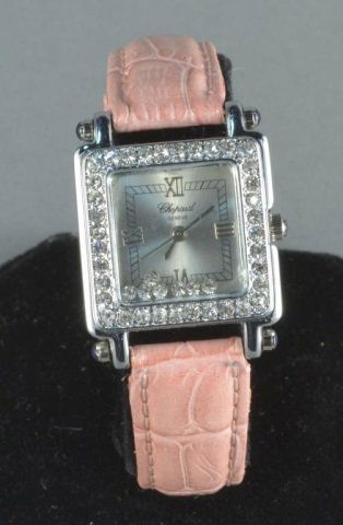 Chopard Style Wristwatch: Tank style with simulated diamond border, pink leather band.