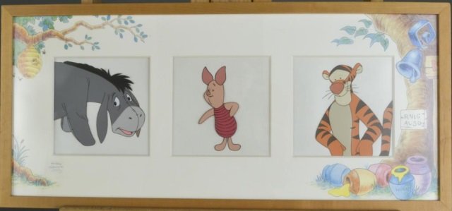 Group of Six Disney Television Animation Cells: In two frames, each depicting a character from Whinnie the Pooh, including Tigger, Piglet, Eeyore, Rabbit, Pooh, and Christopher Robin. Each frame with certificate of authenticity and custom printed m