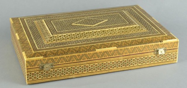 Syrian Inlaid Box: Rectangular, with stepped hinged lid and maroon velvet lined interior. Height 4 inches, width 18 inches, depth 12 3/4 inches.