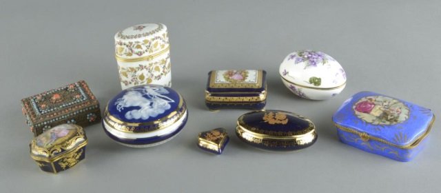 Group of Porcelain Trinket Boxes: Various makers and styles.