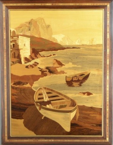 Italian Marquetry Picture: Depicting a seashore scene with boats. 26 x 20 inches.