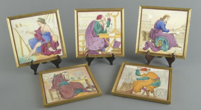 Five Minton Hollins Tile Pictures: Late 19th century, depicting various crafts, including a Chemist, Astronomer, Painter, Blacksmith and Architect. Framed. 8 x 8 inches.