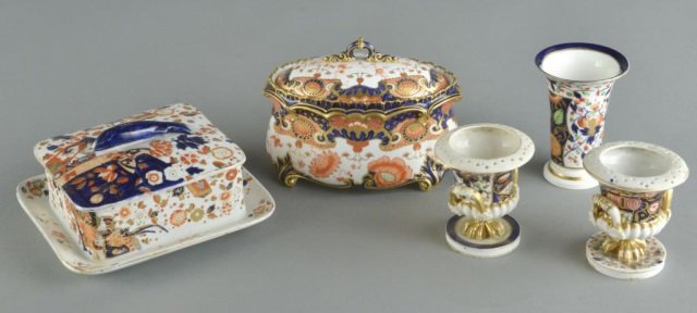 Three Derby Vases: Together with a vintage sardine box and covered dish.