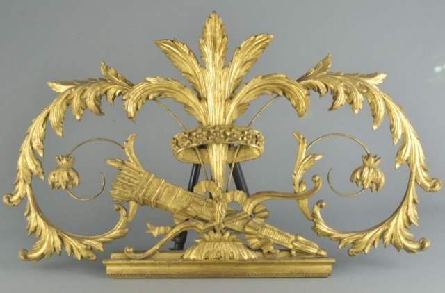 Gilt Wood Wall Decoration: Neoclassical style with leafy scroll design. 27 x 46 inches.