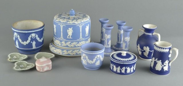 Group of Jasperware: Light blue cheese dome, candlesticks, dark blue pitcher and cachepot, etc. Cheese dome, height 10 inches.