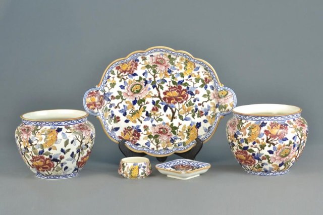 Gien Pottery Decorations: Pair of cachepots, tray, etc. Tray length over handle 21 inches.