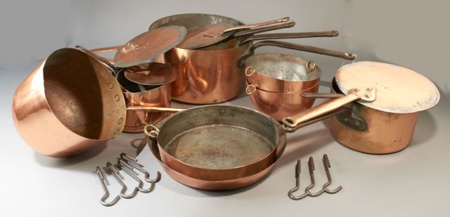 Group of Copperware Kitchenaila: Various sizes, including sauce pans and skillets.