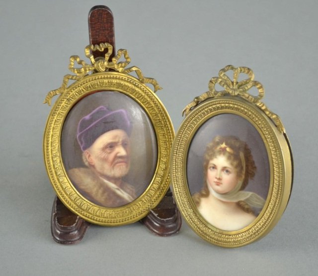 Two Portrait Miniatures on Porcelain: One, depicting Queen Louise of Prussia; the other, an old man wearing a hat. 2 1/2 x 2 inches.