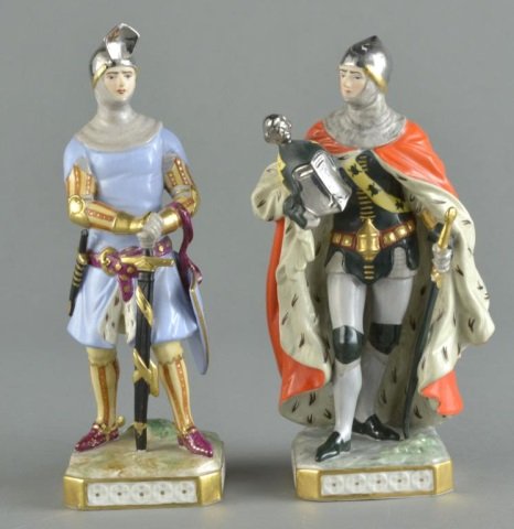 Two German Porcelain Figures: Circa 1950, by Fr. W. Wessel Frankenthal, each depicting an armored knight. Taller height 9 1/2 inches.