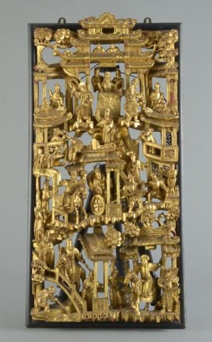 Chinese Carved Gilt Wood Panel: Carved with figures in various modes of transport. Height 30 inches, width 15 inches.