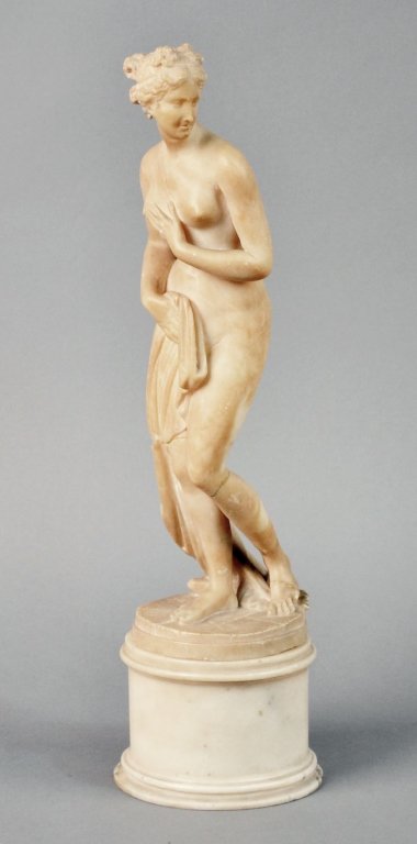 Alabaster Figure of Diana: Modeled bathing, pedestal base. Height 18 inches.
