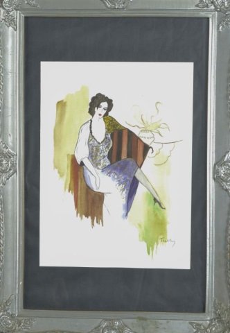 Itzchak Tarkay (Israeli, 1935-2012): Woman in Purple. Watercolor and ink on paper. Signed (l.r.). Sheet size 15 x 11 1/2 inches. Mounted and framed.