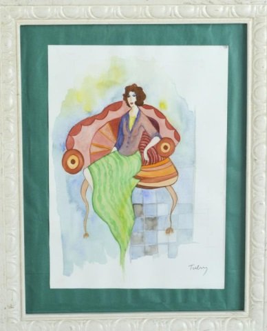 Itzchak Tarkay (Israeli, 1935-2012): Woman on red settee. Watercolor and ink on paper. Signed (l.r.). Sheet size 15 x 11 inches. Mounted and framed.