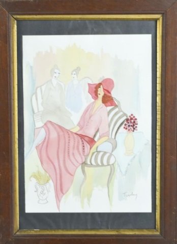 Itzchak Tarkay (Israeli, 1935-2012): Woman in Red Dress. Watercolor and ink on paper. Signed (l.r.). Sheet size 15 x 11 inches. Mounted and framed.