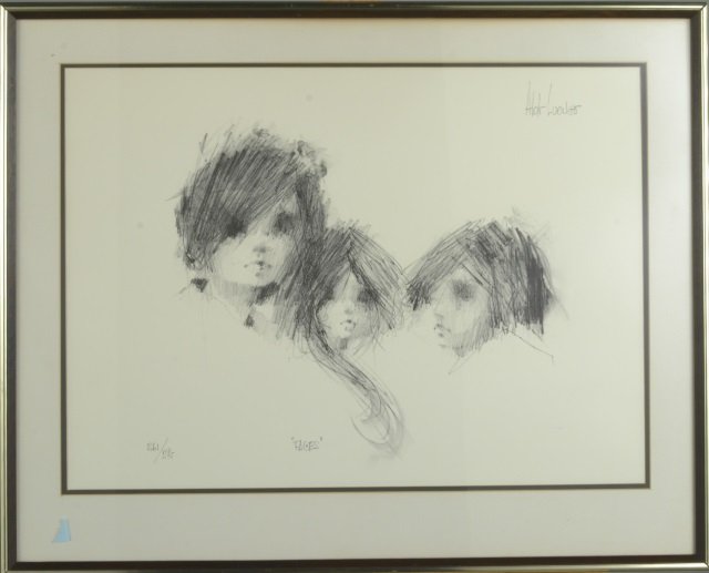 Aldo Loungo (Argentinean, b. 1940): Faces. Lithograph. Signed (u.r.), titled (l.c.), numbered 261/275 (l.l.). Sight size 5 1/2 inches. Matted and framed.