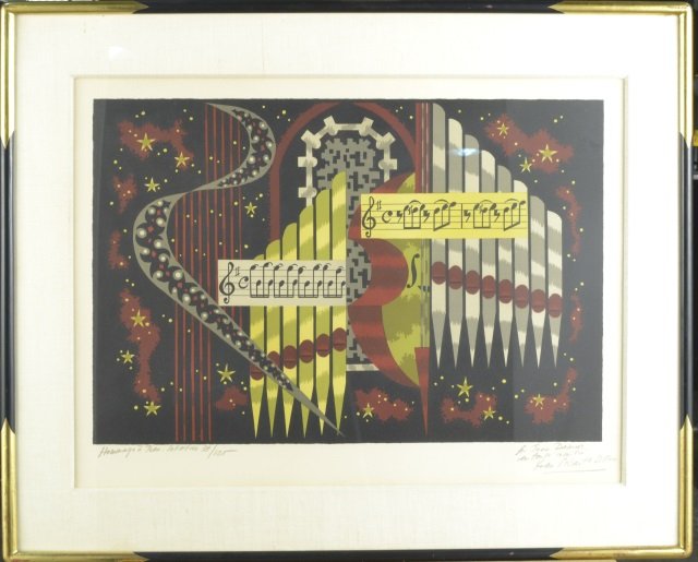 Jean Picart le Doux (French, 1902-1982): Hommage a Mozart. Color lithograph. Signed and inscribed (l.r), titled and numbered 38/125 (l.l.). Sight size 18 1/2 x 24 1/4 inches. Matted and framed.