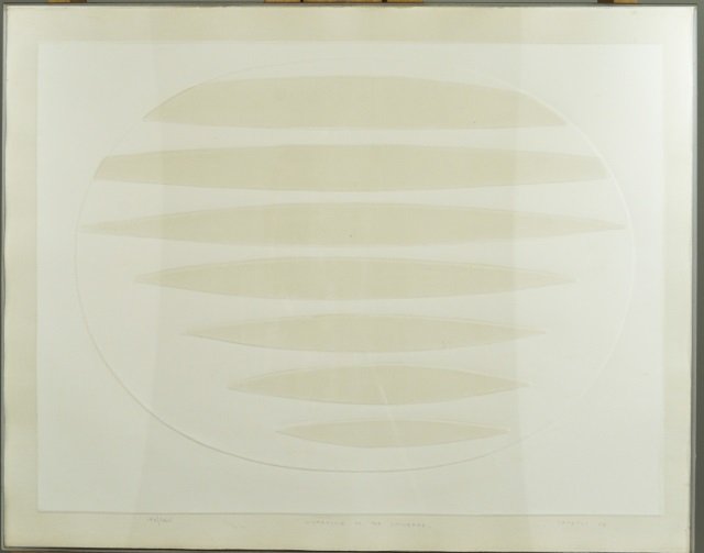 Angelo Savelli (Italian, 1911-1995): Listening to the Universe. Intaglio and shaped paper, 1965. Signed and dated (l.r.), titled (l.c.), numbered 195/200 (l.l.). Sheet size 15 1/2 x 20 1/2 inches. Mounted and framed.
