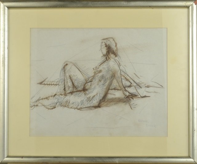 Raphael Soyer (American, 1899-1987): Reclining Nude. Pastel and pencil on paper. Signed (l.r.). Sight size 13 x 16 inches. Matted and framed.