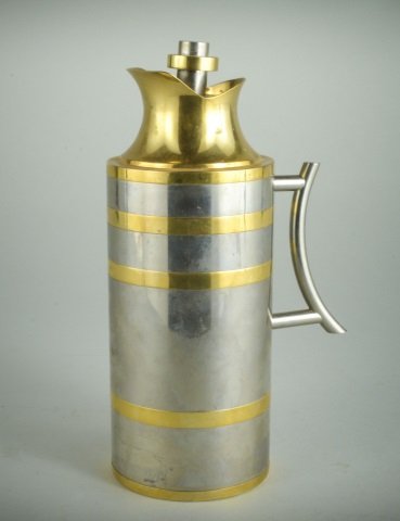 Christofle Brass and Chrome Thermos: Ring decoration, scroll handle, signed. Height 10 1/2 inches.