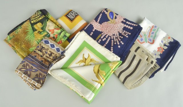 Hermes and Other Designer Scarves: Various designers including Hermes, Atelier Versace, Norell, Bottega Veneta, Donna Karan, etc., various sizes.