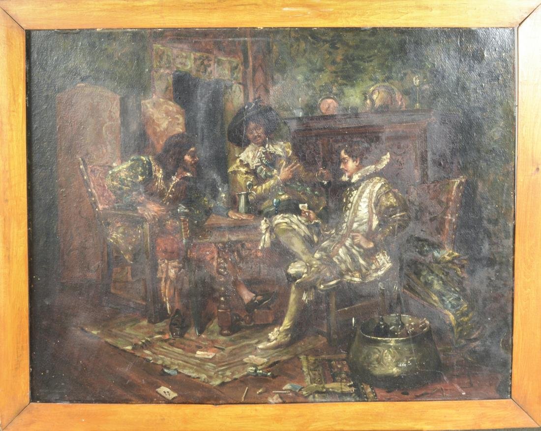 Spanish School (19th Century): Playing Cards. Oil on canvas on board. Board size 25 1/8 x 31 3/4 inches. Framed.