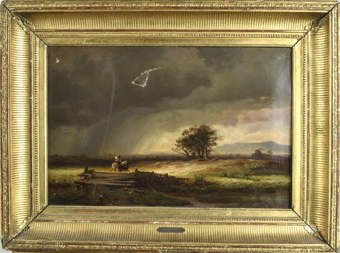 Charles Day Hunt (American, 1840-1914): The Storm. Oil on canvas, 1864. Signed illegibly and dated (l.r.). Canvas size 12 1/2 x 18 inches. Framed. Provenance: From a Riverdale Estate