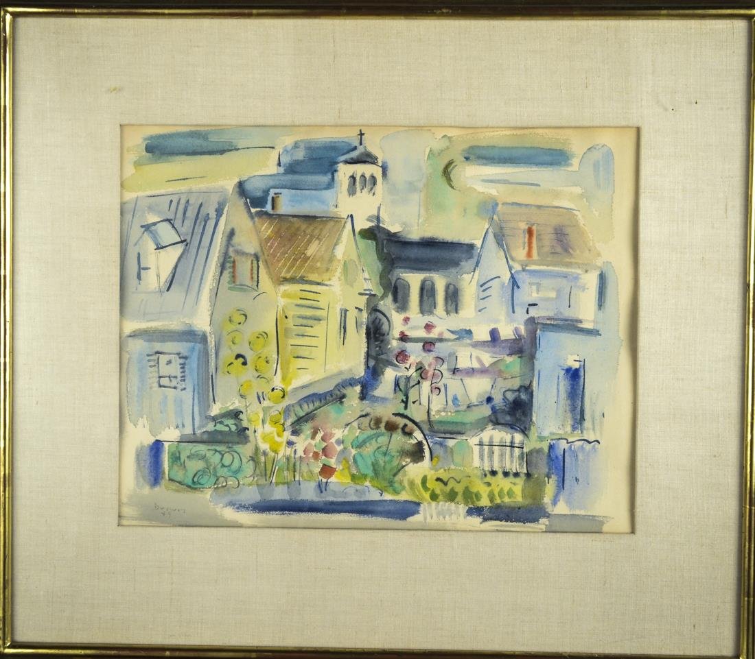 Werner Drewes (American, 1899-1985): Townscape. Watercolor on paper, 1949. Signed and dated (l.l.). Sight size 14 1/4 x 18 1/2 inches. Matted and framed.