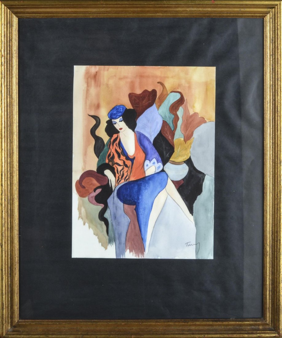 Itzchak Tarkay (Israeli, 1935-2012): Seated woman. Watercolor and ink on paper. Signed (l.r.). Sheet size 15 x 11 inches. Mounted and framed.