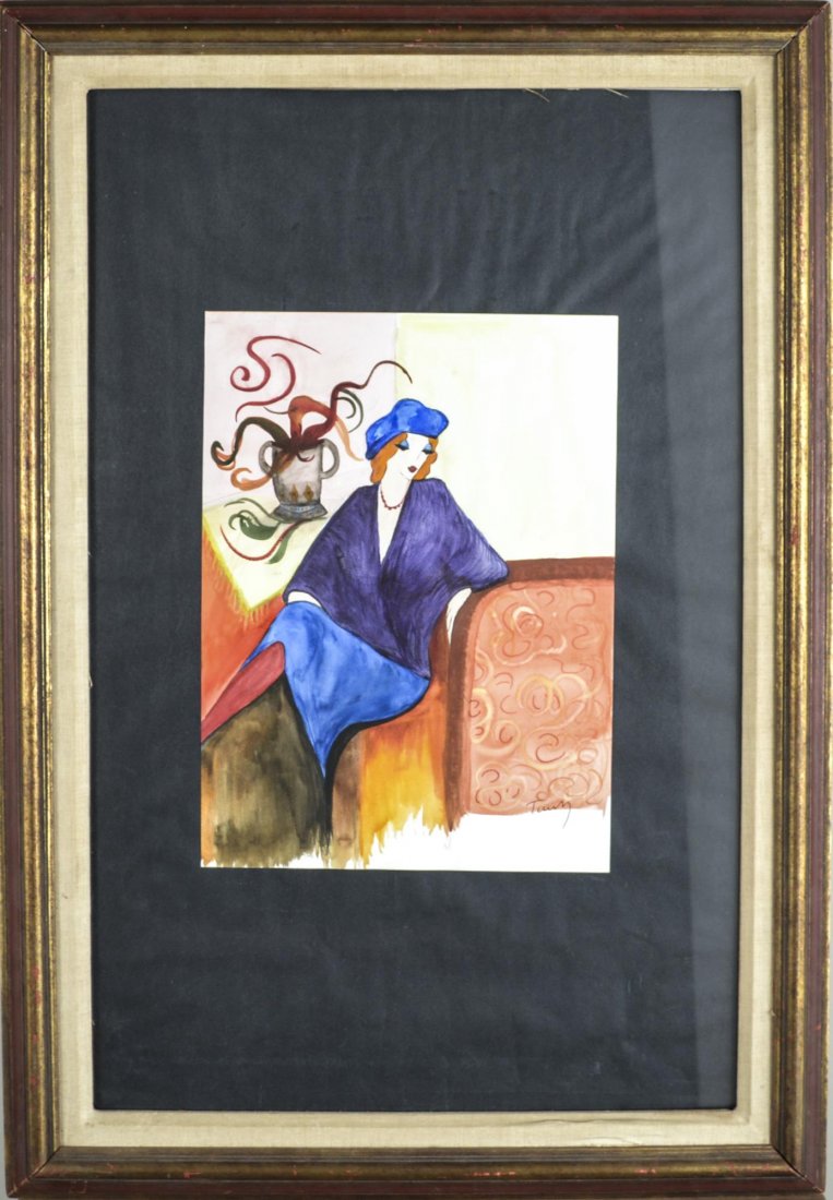 Itzchak Tarkay (Israeli, 1935-2012): Seated woman. Watercolor and ink on paper. Signed (l.r.). Sheet size 15 x 11 inches. Mounted and framed.