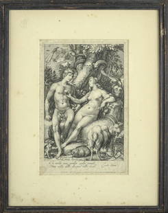 Jan Pietersz Saenredam (Dutch, 1565-1607): Eve Giving Adam The Forbidden Fruit. Etching on laid paper, original circa 1597. Plate size 8 3/4 x 5 1/2 inches. Framed.