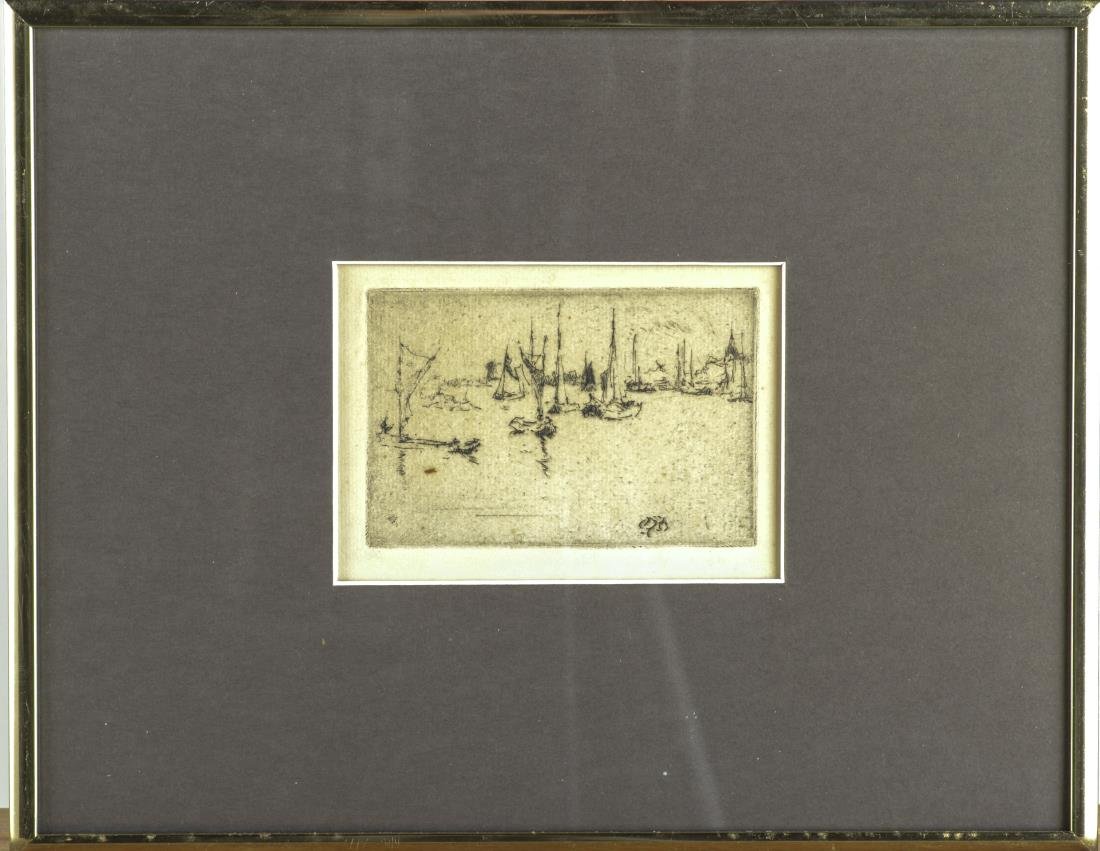 James Abbott McNeill Whistler (Br./Am., 1834-1903): Barges, Dordrecht (K.244; M.241). Etching, 1886. Signed with butterfly in plate (l.r.). Plate size 2 1/2 x 3 3/4 inches. Matted and framed. Provenance: From a Riverdale Estate