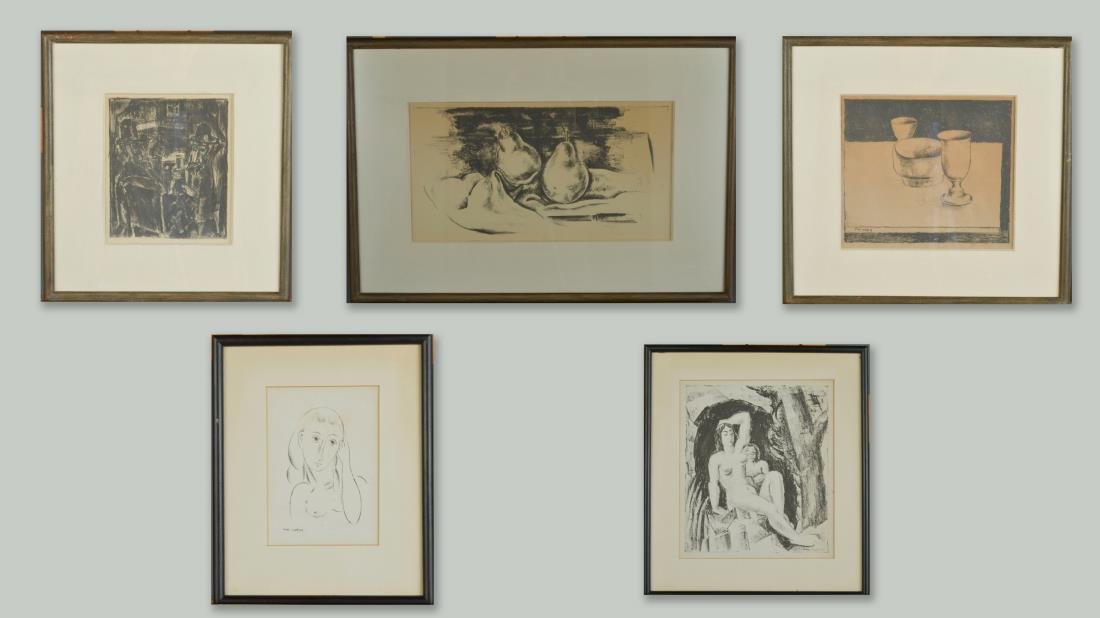 Five works by Max Weber (American, 1881-1961): (1) Sabbath (Two Men). Lithograph. Sight size 7 5/8 x 6 3/8 inches. Matted and framed. (2) Two Pears. Lithograph. Signed in pencil (l.r.). Sight size 8 1/4 x 15 3/4 inches. Matted and framed. (3) The