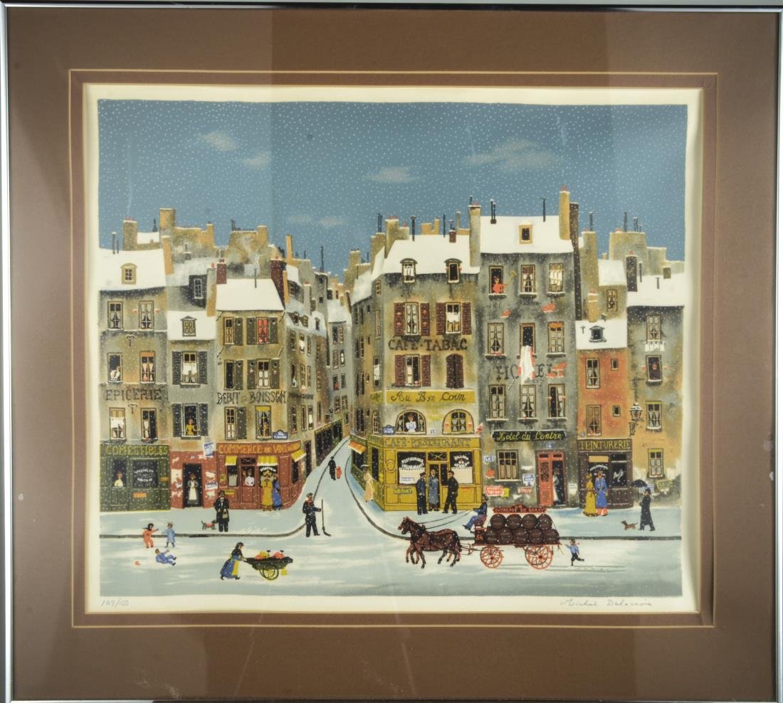 Michel Delacroix (French, b. 1933): Winter Street. Lithograph on paper. Signed (l.r.), numbered 109/150 (l.l.). Sight size20 1/2 x 24 inches. Matted and framed.