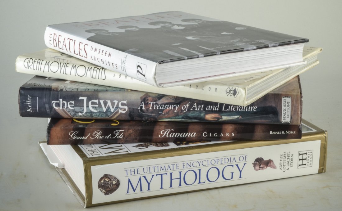 Group of Coffee Table Books: Beatles, Unseen Archives; Great Movie Moments; The Jews a Treasury of Art & Literature; Havana Cigars and Encyclopedia of Mythology. Various authors.