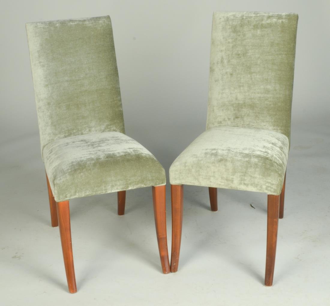 Set of Six Dining Room Chairs: Each with green over upholstered back and seat on tapered splayed legs. Height 37 1/2 inches, width 17 1/2 inches, depth 24 inches.