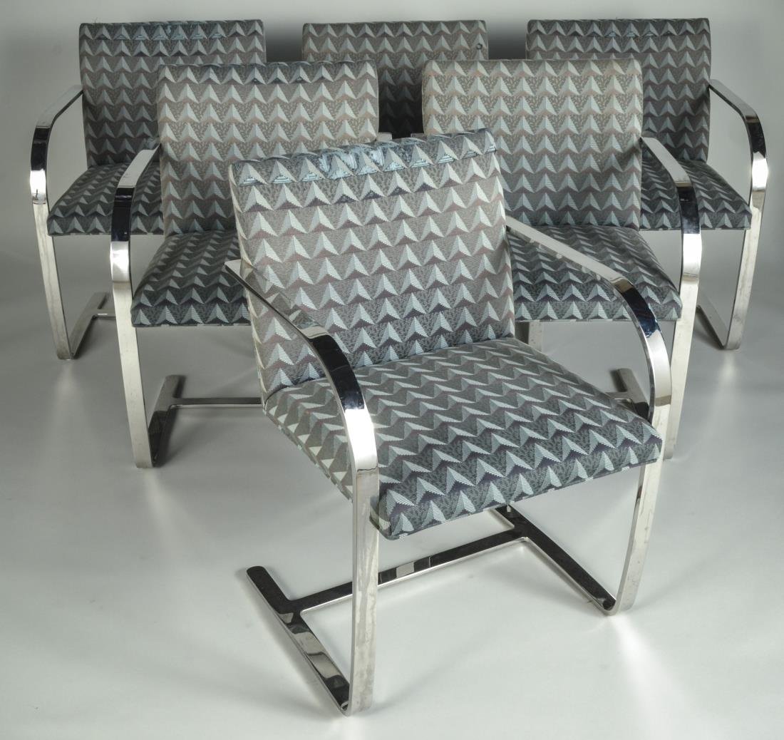 Six Mies van der Rohe Style Brno Chairs: Modernist cantilever chairs designed by Ludwig Mies van der Rohe and Lilly Reich in 1929-1930 for the bedroom of the Tugendhat House in Brno, Czech Republic, Breuton paper labels. Height 33 inches, wi