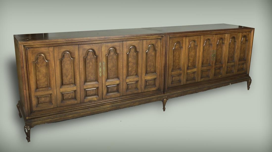 Fruitwood Bedroom Suite: Comprising a pair of button tufted upholstered twin headboards and a double dresser. Bed, height 63 1/2 inches, width 39 1/2 inches.