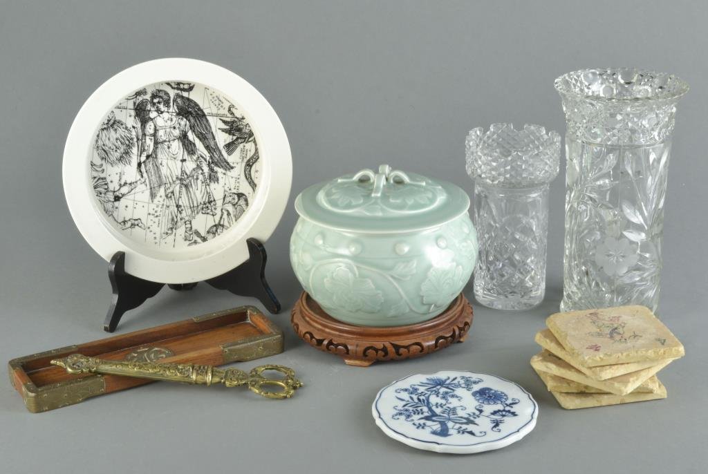 Miscellaneous Group of Table Decorations: Including two cut glass vases, a celadon porcelain covered pot, set of coasters, blue and white porcelain trivet, Asian wood tray, etc. Tallest vase, height 10 inches.