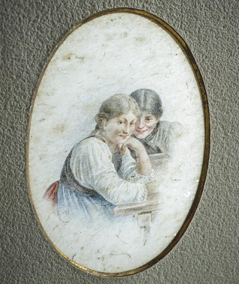 Austrian Miniature Painting on Cobweb: Late 19th century - early 20th century, miniature portrait taken from the painting by Franz von Defregger (Ger/Aust 1835-1921) Zur Gesundheit. This oval miniature painting depicts the two women sittin