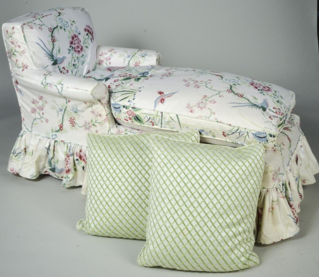 Upholstered Chaise Longue: Polychrome flower upholstery. Height 33 inches, length 56 inches, depth 30 inches.